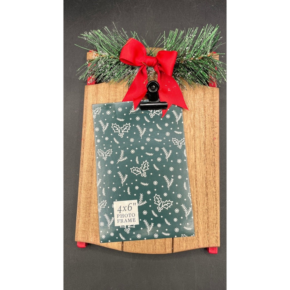 Christmas Sled 4x6 Photo Frame Rustic Wood Tabletop Decor Red Bow Pine Accent